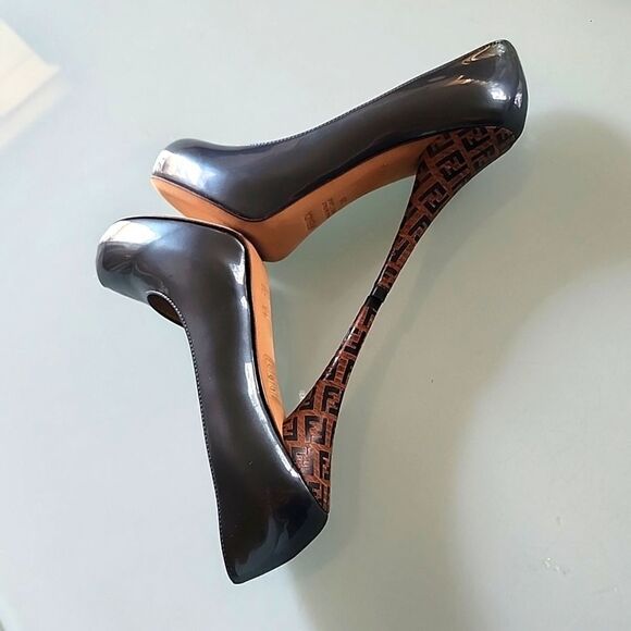 Fendi Blue Patent Leather Zucca Platform Heels - Picture 9 of 10